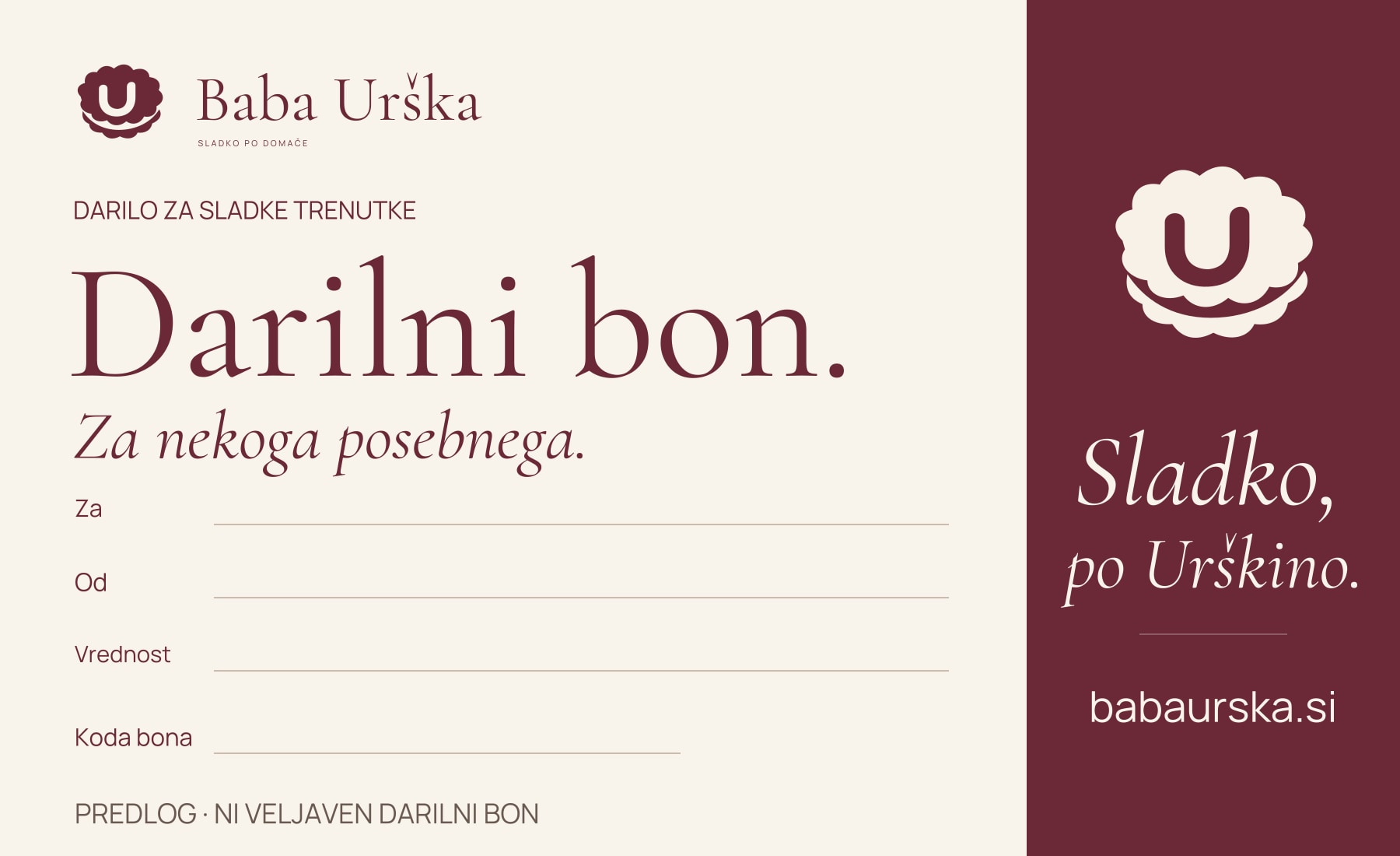 Kremno-bordo oblikovni predlog darilnega bona z Urškinim piškotnim znakom; ni veljaven bon